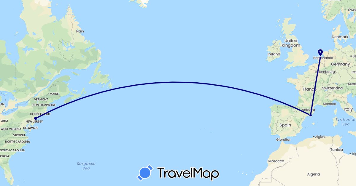 TravelMap itinerary: driving in Spain, Netherlands, United States (Europe, North America)